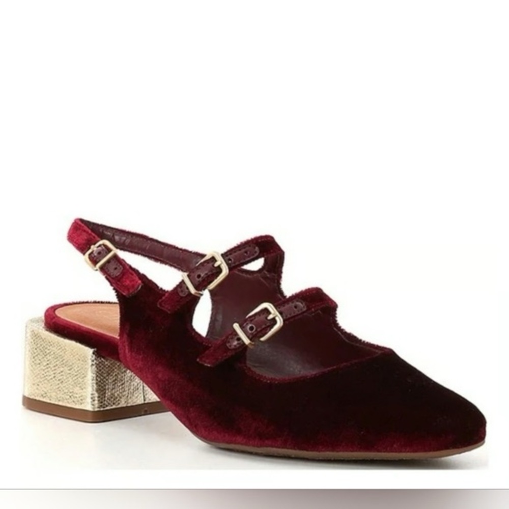 Chelsea & Violet Burgundy Velvet Heels with Gold Accents - Picture 4 of 7